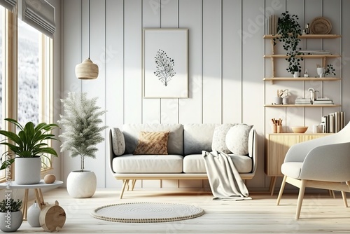 Stylish modern livingroom interior, white home decor, minimal scandinavian living room
