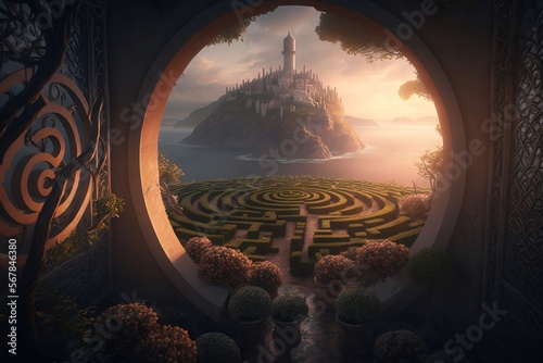 sunset and castle over the mountains, sea view and bush maze