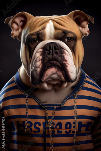 Mugshot of wanted dog in prison, bulldog in jail clothes, Generative AI