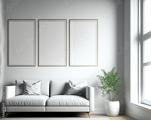Mockup of a square poster in three frames on a blank white wall in a living room,. Generative AI