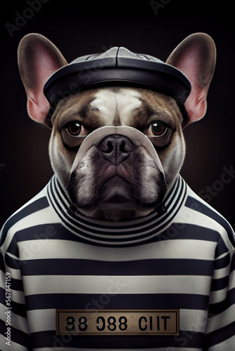 Mugshot of wanted dog in prison, french bulldog in jail clothes, Generative AI