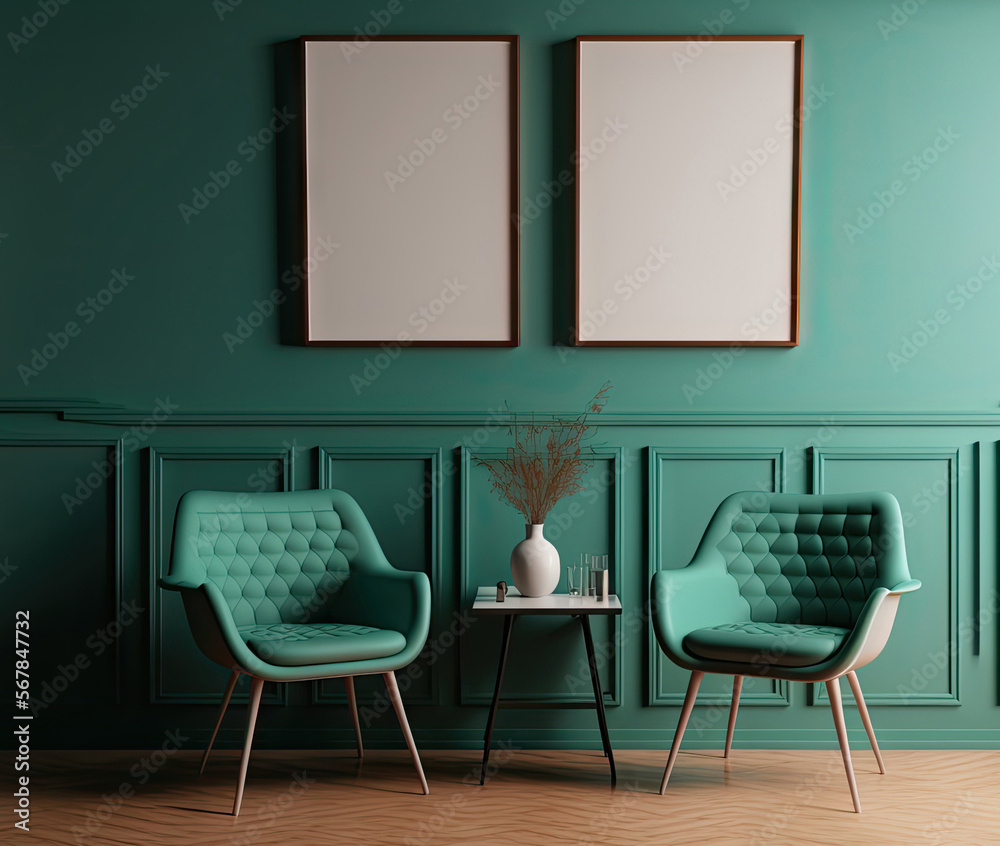 Two comfortable armchairs, a glass lattice barrier, an empty poster on a teal wall, a sideboard, and an oak wooden parquet floor are all features of this modern waiting area. contemporary minimalist s Two comfortable armchairs, a glass lattice barrier, an empty poster on a teal wall, a sideboard, and an oak wooden parquet floor are all features of this modern waiting area. contemporary minimalist s