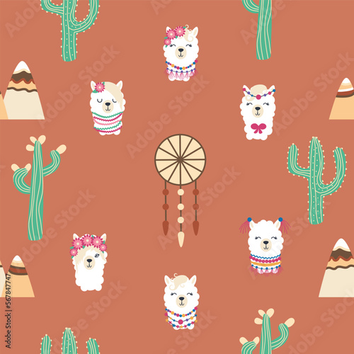 Seamless pattern with llama, alpaca faces. Cute drawings of llama head with hearts, inscription, mountains, cacti, star, dreamcatcher