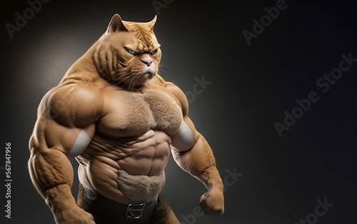 Orange provoked tom cat, looking aggressively ready to rumble and in a juiced up position holding his ground. Generative ai image of a pet cats head on a human bodybuilders body. Digital art.