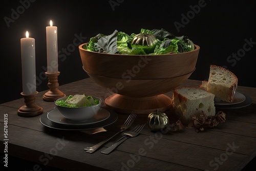  a bowl of lettuce next to a plate of bread and a candle on a table with a plate of bread and a bowl of lettuce.  generative ai