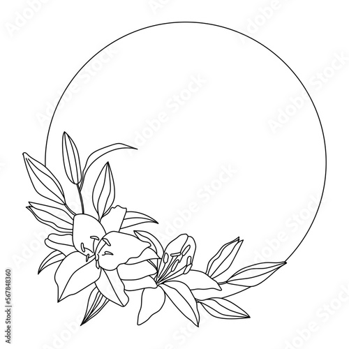 Floral wreath with lily flowers. Line art illustration isolated on a white background.