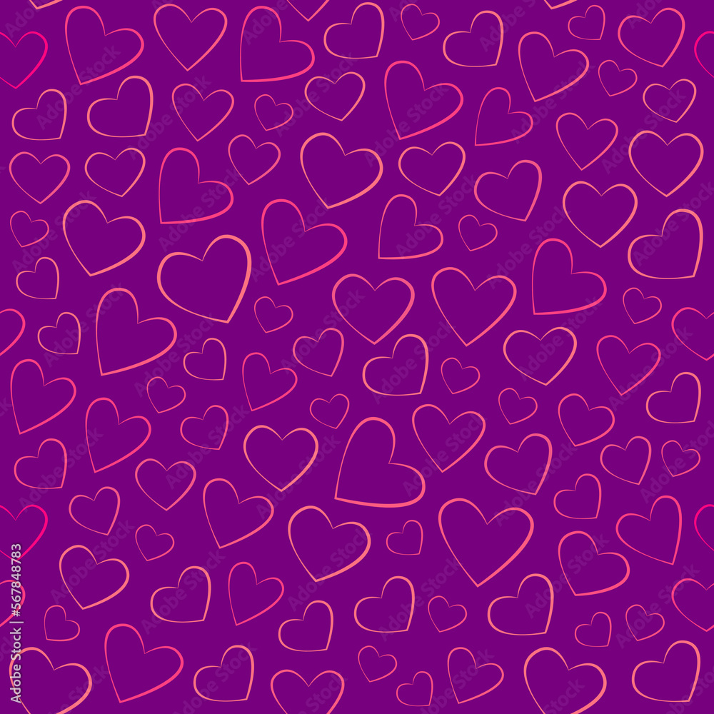 Seamless background with different stylized hearts. Background for Valentine's Day, birthday or wedding. Pink hearts on a purple background Seamless background with different stylized hearts. Background for Valentine's Day, birthday or wedding. Pink hearts on a purple background