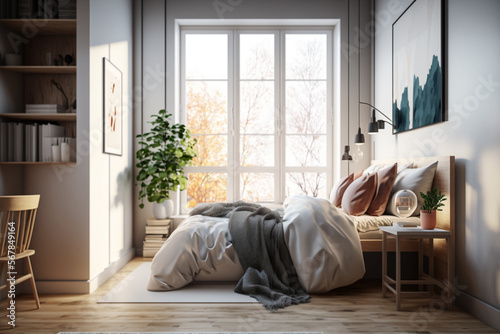 Bright and cozy contemporary bedroom with walk-in closet, large window and a decent reading window sill with natural seating and cushions. Idea for interior design. AI © Ivy