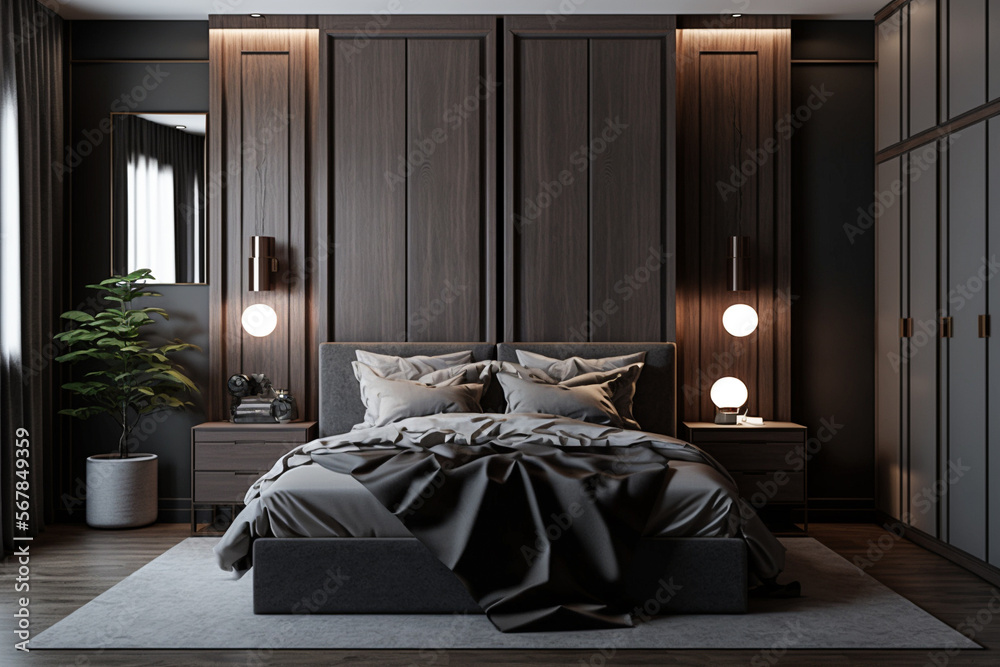 Modern bedroom interior with gray and dark wooden walls, wooden floor,  master bed with two round nightstands with lamps and a wardrobe with  clothes. AI Stock Illustration | Adobe Stock