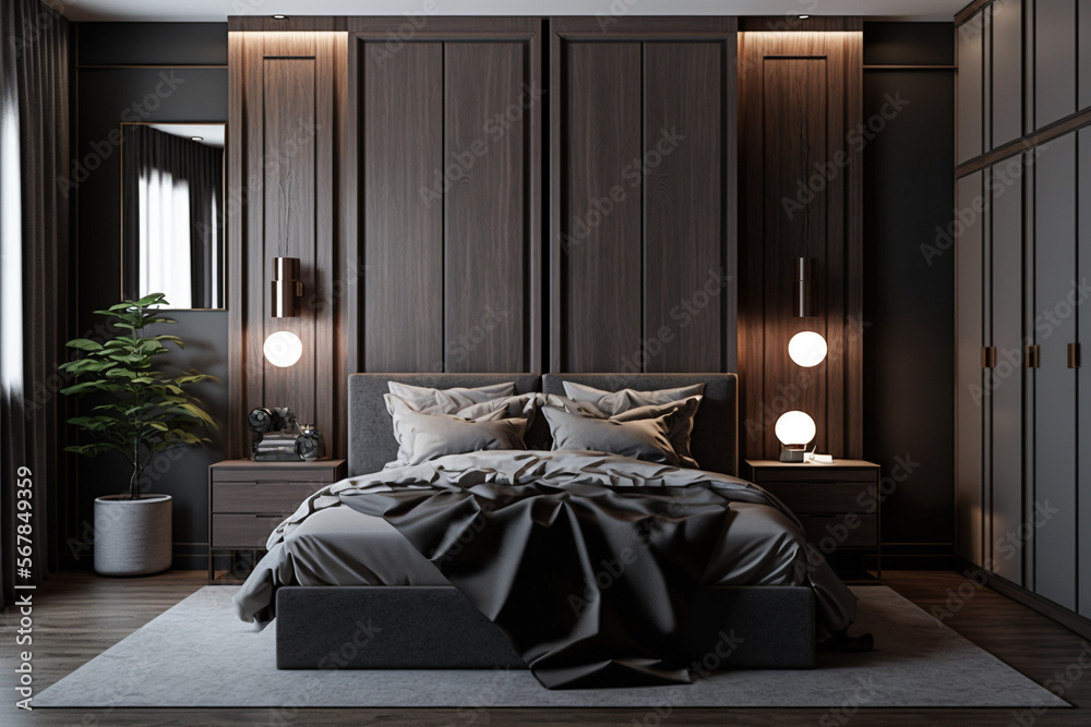 Modern bedroom interior with gray and dark wooden walls wooden