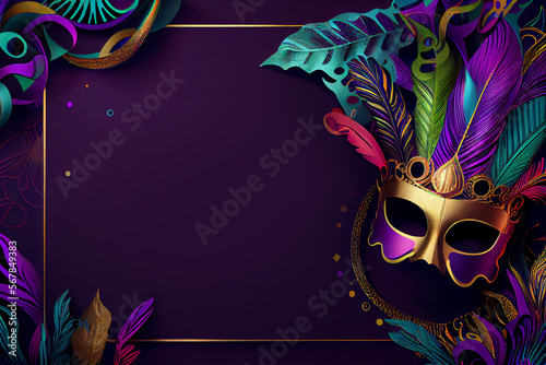 Mardi Gras mask, colorful poster, template, flyer with place for text. Mardi gras party design. Generative AI