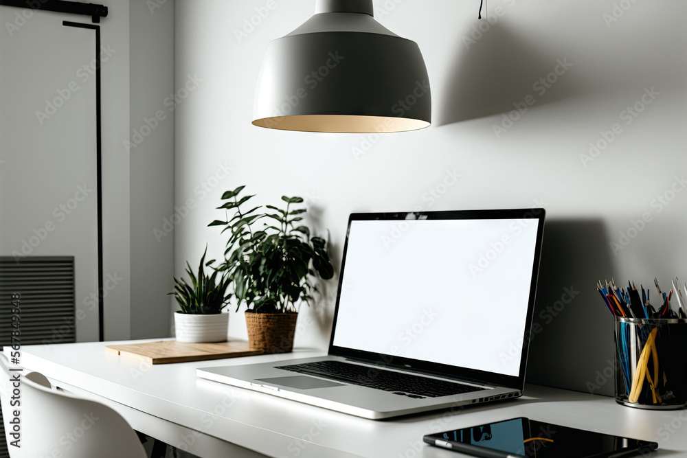 Office with a laptop and a picture hanging on a white wall. Generative AI Office with a laptop and a picture hanging on a white wall. Generative AI