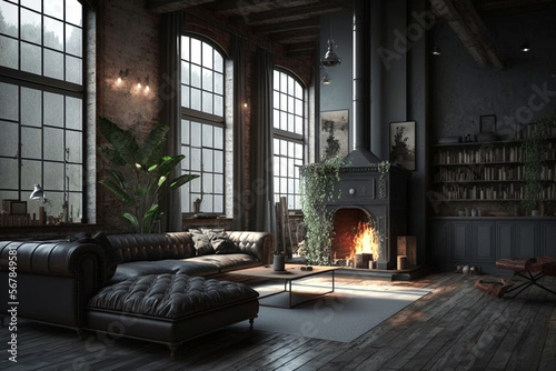 Dark living room loft with fireplace  industrial style. AI