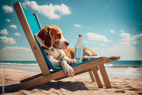 Cute dog lay on dech chair in the beach at summer, Generative AI