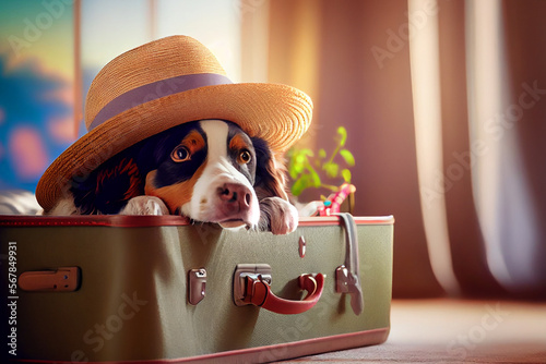 Cute dog waiting for summer vacation travel in suitcase, wearing hat. generative AI © marcin jucha