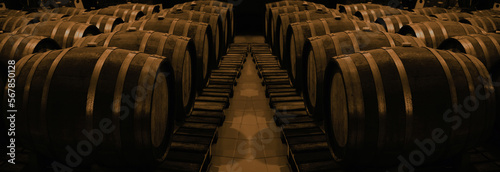 Wine or cognac barrels in the cellar of the winery, Wooden wine barrels in perspective. wine vaults. vintage oak barrels of craft beer or brandy