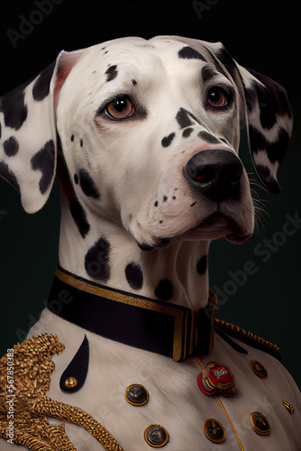 Dalmatian dog wearing military army uniform, service dog, creative headshot portrait. Generative AI