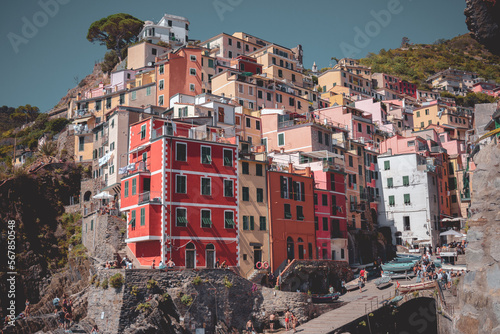 View on the colorful houses and the sea along the coastline of Cinque Terre area in Riomaggiore