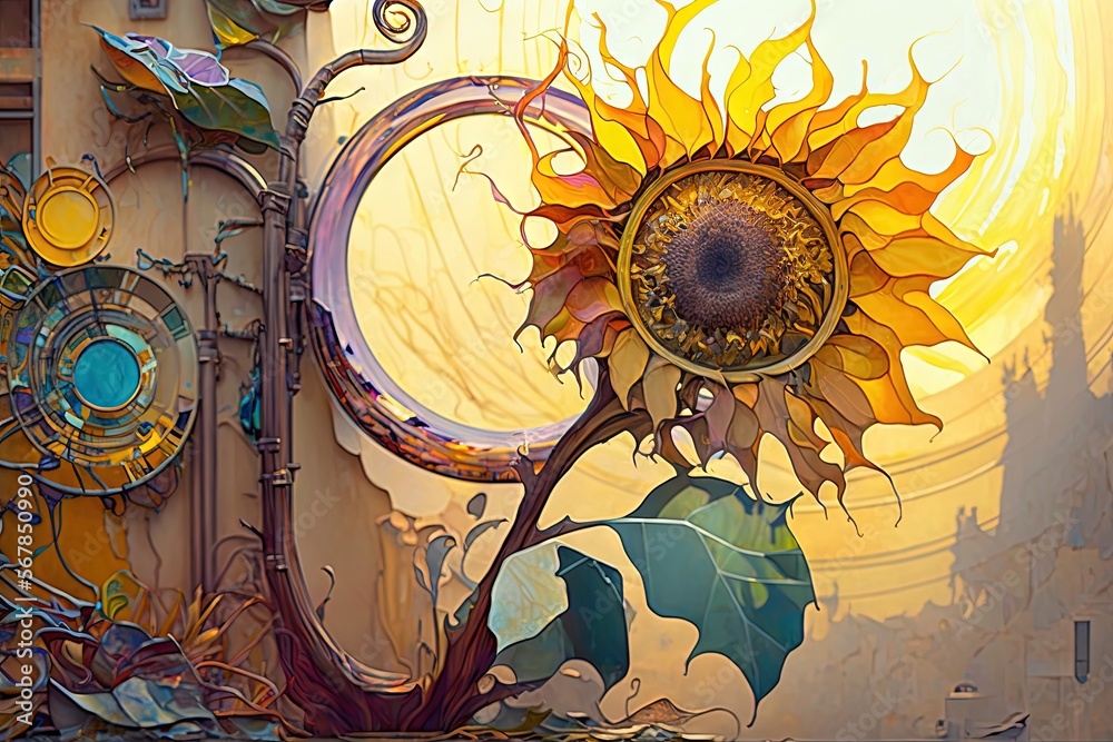  a painting of a sunflower on a building with a clock in the middle of the picture and a sunflower in the middle of the picture.  generative ai