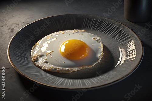  a fried egg on a plate on a table with a cup of coffee in front of it and a black mug on the side of the plate. generative ai