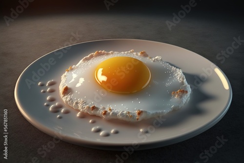  a fried egg on a white plate on a dark table top with a shadow of a person's hand holding the egg in the middle of the plate. generative ai
