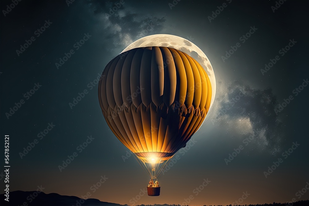 a hot air balloon flying in the sky with a full moon in the sky above ...