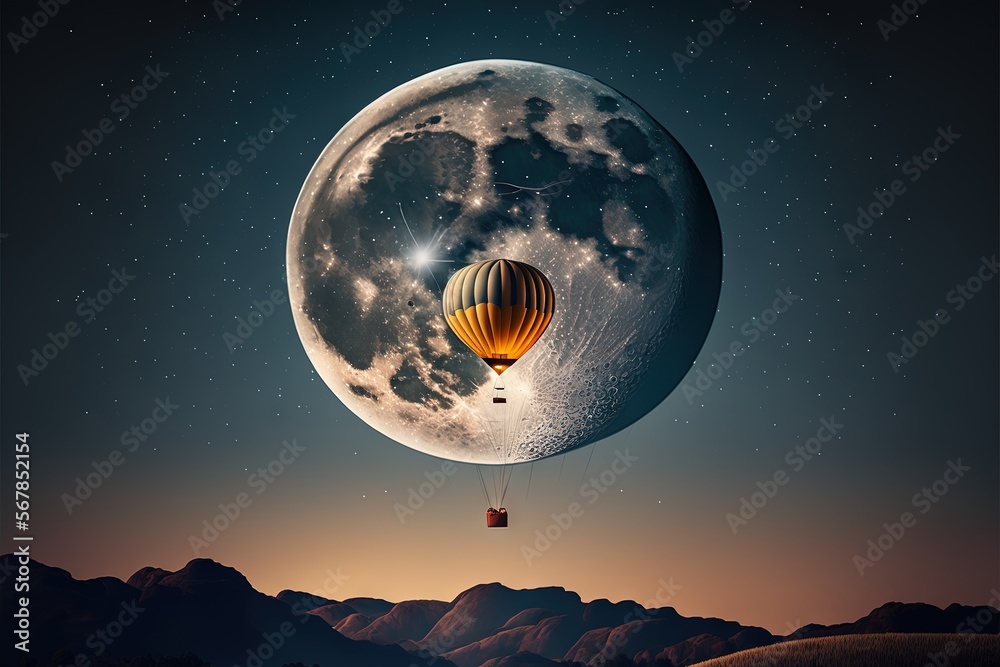 a hot air balloon flying in the sky over a mountain range with a full ...