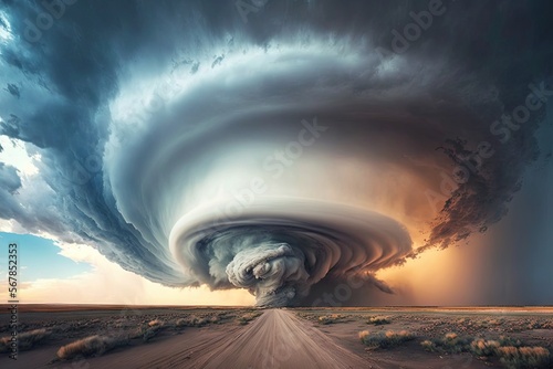  a large storm is coming over a dirt road in the middle of a desert area with a sky filled with clouds and a dirt road in the foreground. generative ai © Anna