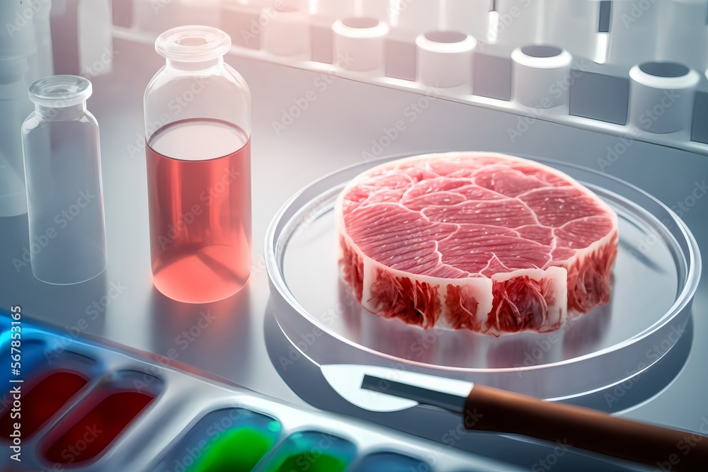 Synthetic meat in a petri dish on the background of the laboratory.Artificial meat or protein concept.AI generated. Synthetic meat in a petri dish on the background of the laboratory.Artificial meat or protein concept.AI generated.