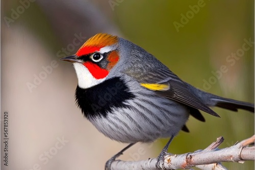  a small bird with a red, white, and black head sitting on a tree branch with a blurry background of grass and branches. generative ai