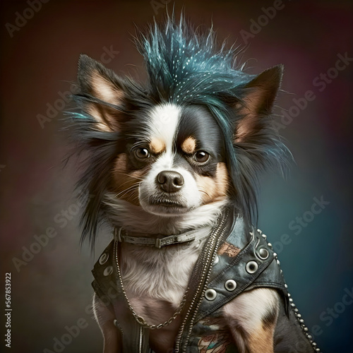 Punk Rocker Dog portrait, anthropomorphic animals illustration Generative AI	 photo