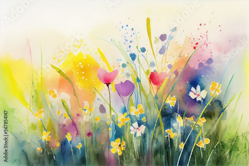 Watercolor of colorful spring flowers. Generative AI © August