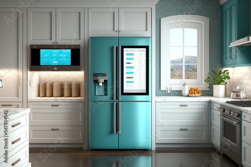 Modern kitchen with a fridge with a large display for shopping by internet. Generative AI