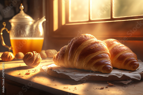Freshly baked croissants from France shine in the early morning sunlight. Generative AI
