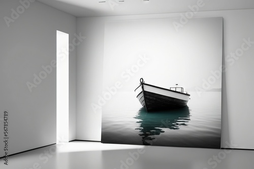  a black and white photo of a boat in the water in a room with a door leading to another room with a door leading to another room.  generative ai photo