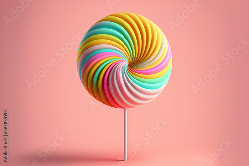 Sweet candy lollipop on a stick, light pink backdrop. Generative AI