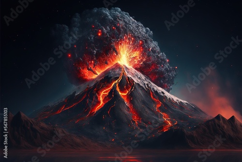  a volcano with lava pouring out of it's sides and lava spewing out of it's sides, with bright red and orange flames coming out of the top. generative ai