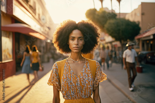 Retrato de una guapa chica negra con el pelo estilo afro, en la calle. Generado con IA photo