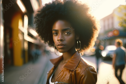 Retrato de una guapa chica negra con el pelo estilo afro, en la calle. Generado con IA © ramoncin1978