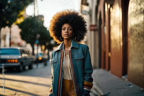 Retrato de una guapa chica negra con el pelo estilo afro, en la calle. Generado con IA photo
