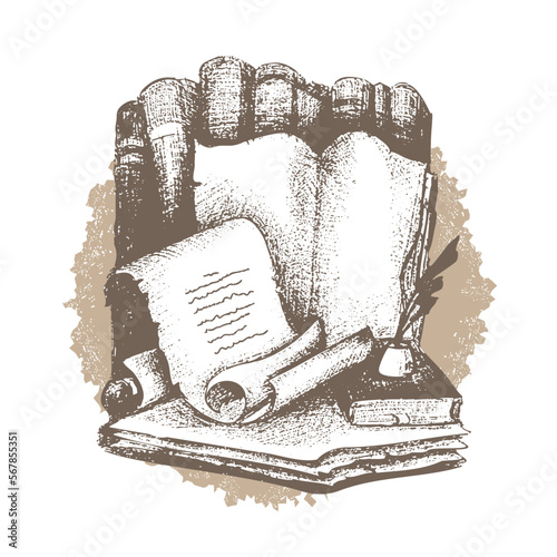 Antique books with an ancient scroll of poetry and history manuscripts and novels and ink with a quill pen on a brown shabby background from a round blob