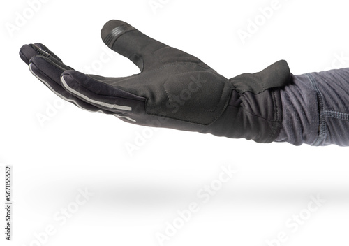 Hand in a glove of a cyclist or motorcyclist. Hand in a black glove isolated on a white background, located palm up.