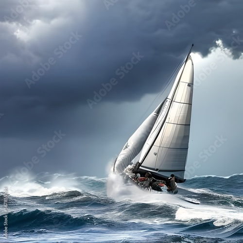Sailboat breaking through a wave created with Generative AI technology
