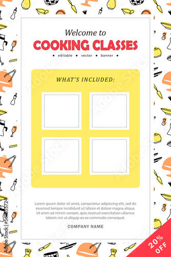 Cooking classes banner template layout. Leaflet, flyer with blank space for your information about what's included in culinary courses. Poster with kitchenware frame in yellow, red, orange colors