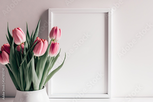 Fototapete Mockup with pink tulips in a vase and a white frame on a light background