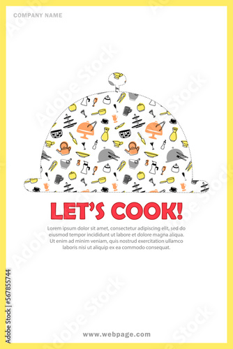 Template of banner with restaurant cloche silhouette with kitchenware pattern inside. Card with red text - Let's cook, and place for info. Flyer, invitation to cooking classes, culinary courses