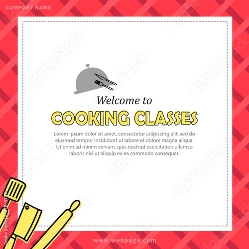 Square card or banner with text - welcome to cooking classes. Template of poster with invitation to culinary courses on background with red checked tablecloth. Vector leaflet with kitchen tools