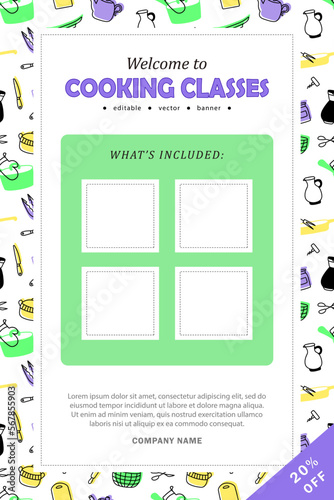 Cooking classes banner template layout. Leaflet, flyer with blank space for your information about what's included in culinary courses. Poster with kitchenware frame in green, purple and yellow colors