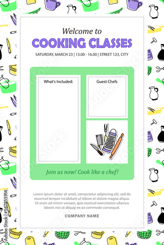 Template for invitation to cooking classes. Banner, poster with culinary courses schedule and blank space for info about guest chefs and what's included in masterclass. Advertising leaflet layout.