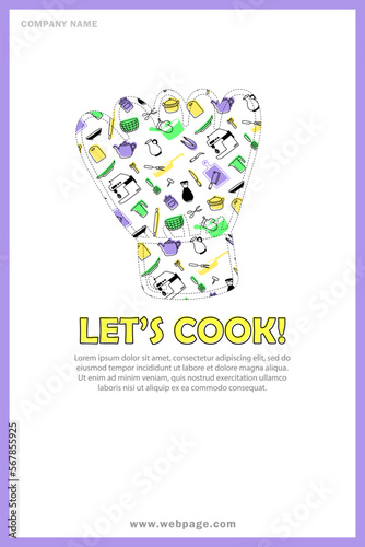 Template of banner with chefs hat silhouette with kitchenware pattern inside. Card with yellow text - Let's cook, and place for info. Flyer, invitation to cooking classes, culinary courses